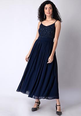 Navy Strappy Embellished Maxi Dress