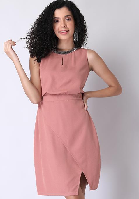 Dusty Pink Embellished Neck Blouson Dress 