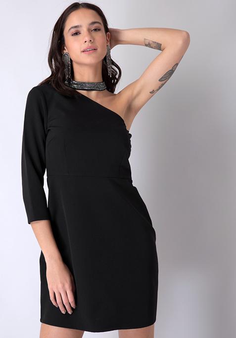 Black One Shoulder Embellished Choker Dress