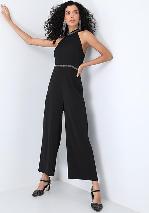 Black Halter Embellished Neck Jumpsuit 