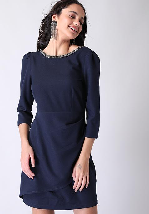 Navy Embellished Neck Bodycon Dress 