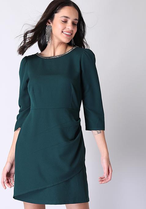 Bottle Green Embellished Neck Bodycon Dress 