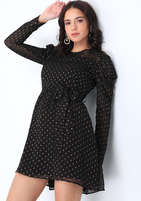 Black Gold Self Design Puff Sleeve Skater Dress 