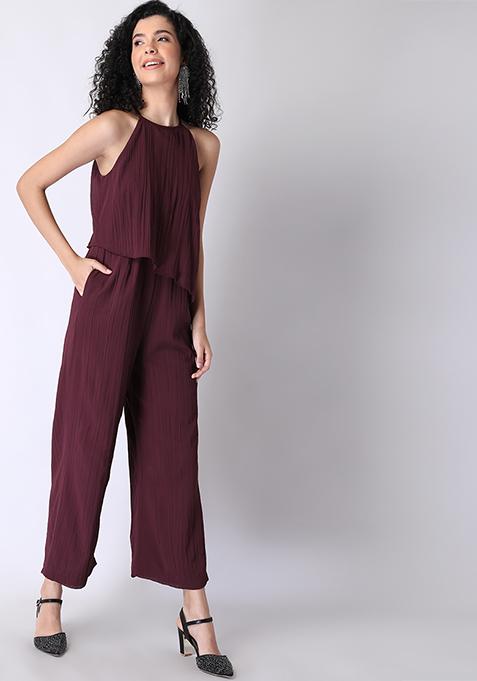 Wine Asymmetric Layered Jumpsuit 