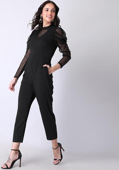 Black Mesh High Neck Puff Sleeve Jumpsuit 