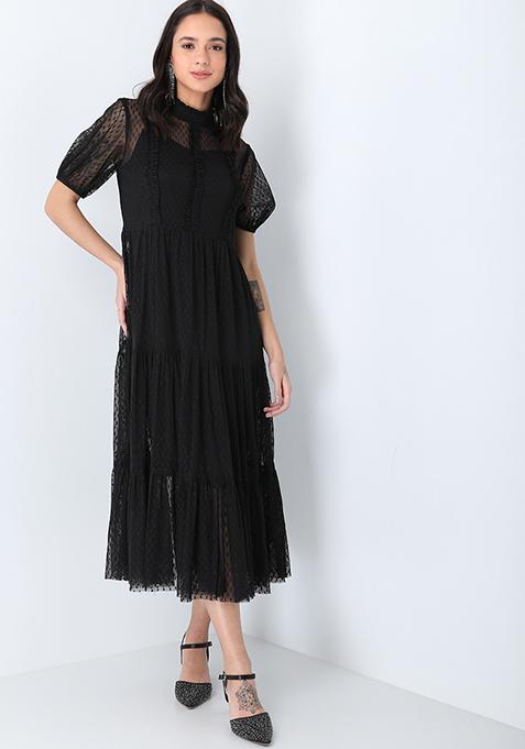 Buy Women Black Mesh High Neck Tiered Midi Dress - Evening Wear Online ...