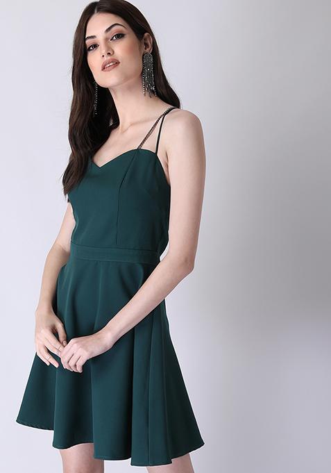 Bottle Green Strappy Criss Cross Back Skater Dress 