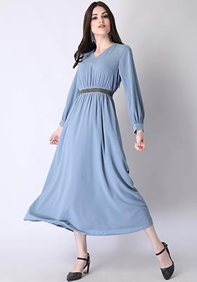Blue Embellished Full Sleeve Maxi Dress 