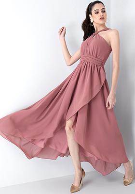 Rusty Rose Ruffled Strappy High Low Maxi Dress 