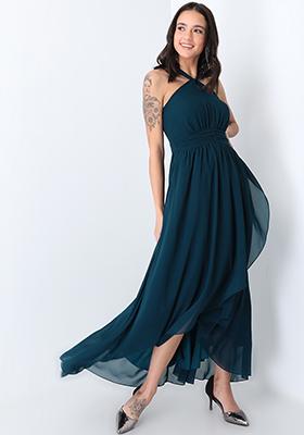 Blue Ruffled Strappy High Low Maxi Dress