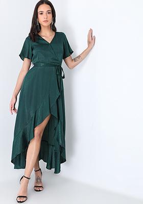 Green Self Design Wrap Ruffled Belted Midi Dress 