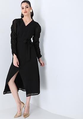 Black Self Design Ruched Sleeve Belted Midi Dress 