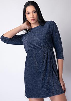 Navy Shimmer Layered Blouson Sleeve Dress 