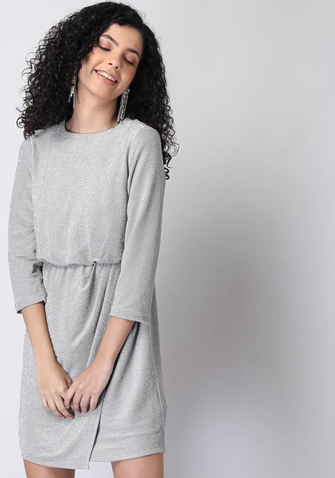 Silver Shimmer Layered Blouson Sleeve Dress