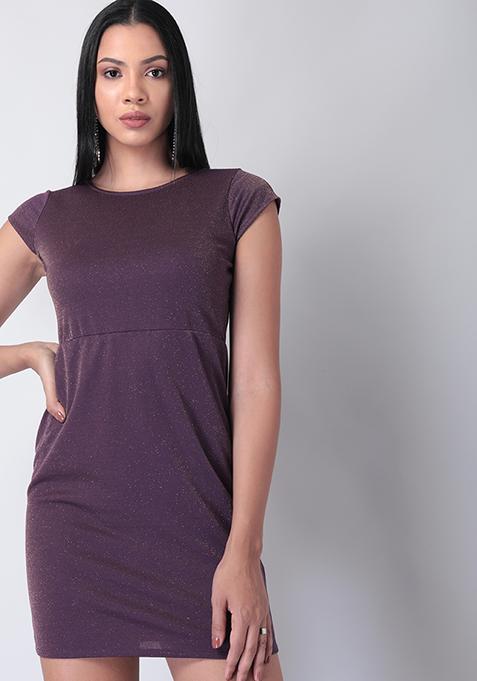 Purple Shimmer Boat Neck Bodycon Dress 