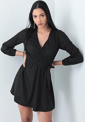 Black Shimmer Wrap Belted Dress 