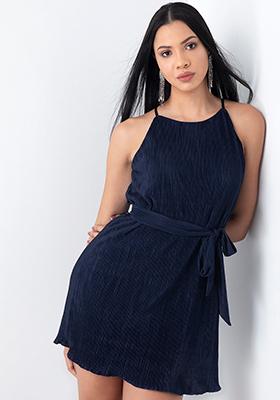 Navy Strappy Pleated Halter Neck Belted Dress 