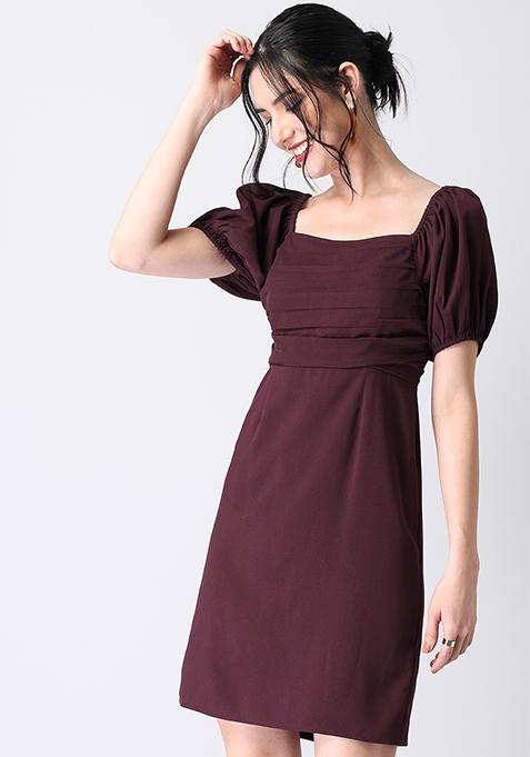 Wine Puff Sleeve Back Cut Out Dress 