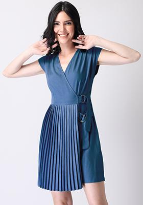 Slate Blue Pleated Sleeveless Dress 