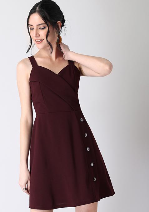 Wine Strappy Front Button Mini Dress 