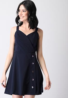 Navy Strappy Front Button Mini Dress 