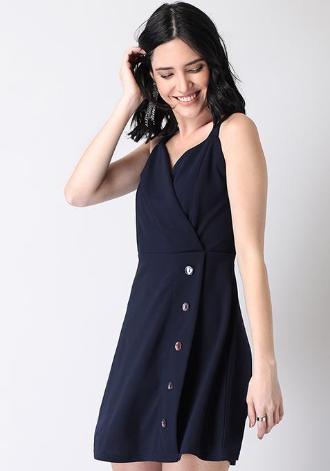 Buy Women Navy Strappy Front Button Mini Dress - Trends Online India ...