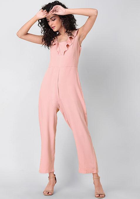 Pink Ruffle Neck Jumpsuit