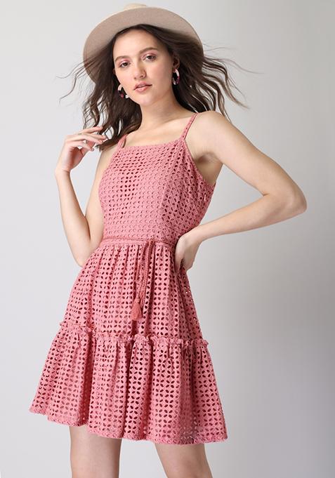 Blush Strappy Schiffli Belted Tiered Dress