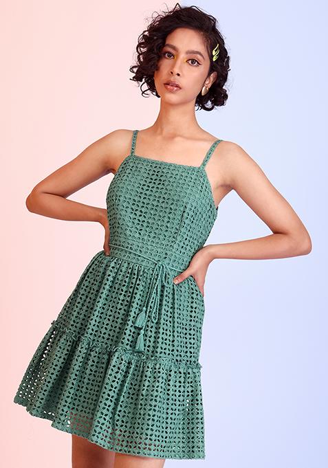 Green Strappy Schiffli Belted Tiered Dress