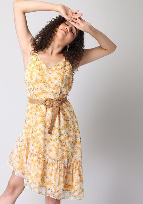 Yellow Strappy Floral Asymmetric Dress with Braided Belt