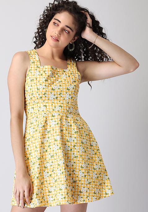 Yellow Floral Poplin Criss Cross Back Dress