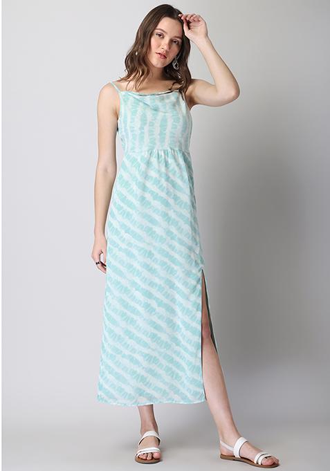 Buy Women Blue Tie Dye Strappy Cowl Neck Maxi Dress - Date Night Dress ...