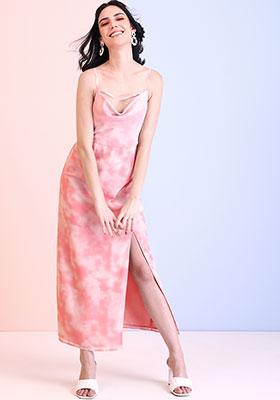 Pink Tie Dye Strappy Cowl Neck Maxi Dress