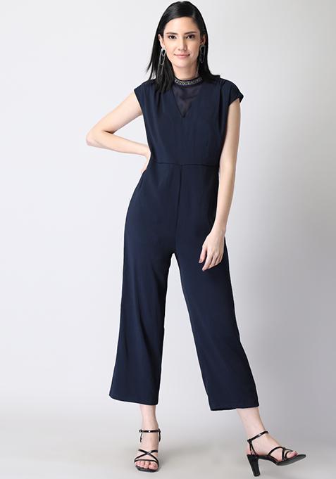 Navy High Neck Embellished Jumpsuit 