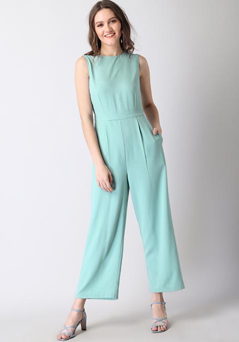 Green Back Cut Out Buttoned Jumpsuit