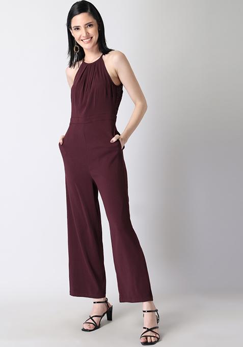 Wine Halter Lace Back Jumpsuit 