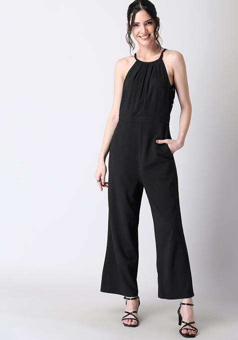 Black Halter Lace Back Jumpsuit 