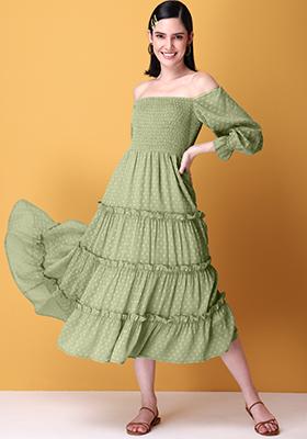Sage Green Smocked Tiered Midi Dress 