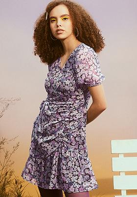 Lilac Floral Ruched Belted Dress 