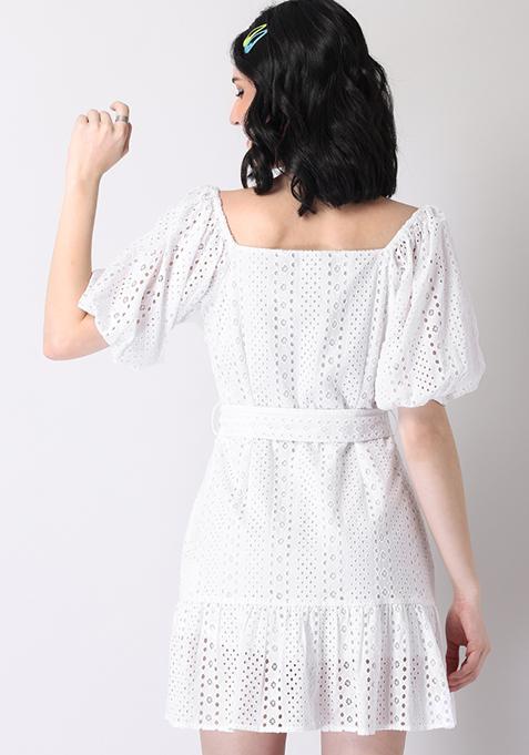 Buy white Pleated Detail Schiffli Dress for Women in MENA, Worldwide | D23