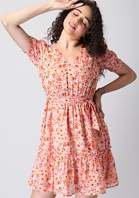 Peach Floral Ruffled Belted Skater Dress 