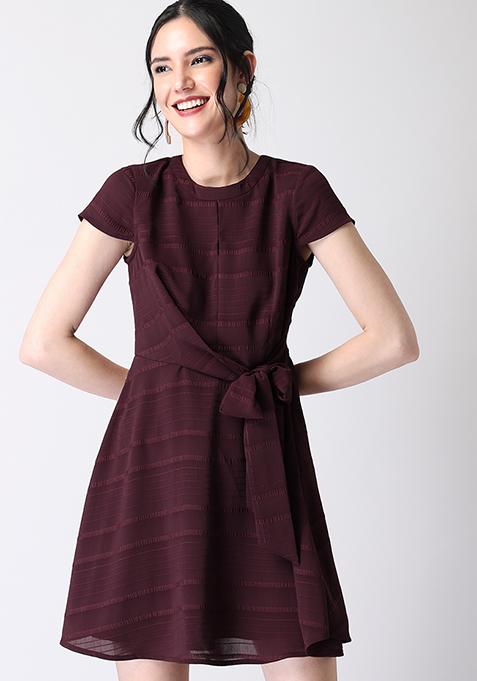 Wine Self Design Side Tie Skater Dress