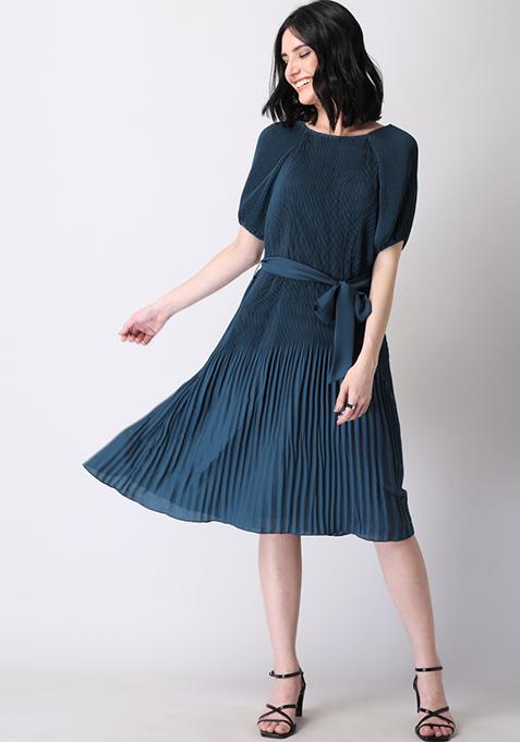 Slate Blue Pleated Belted Back Tie Midi Dress 