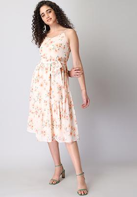 Peach Floral Strappy Asymmetric Ruffle Belted Midi Dress 