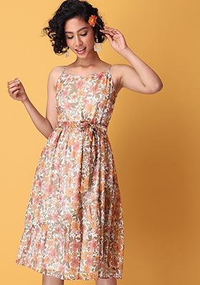 Multicolored Floral Strappy Asymmetric Ruffled Belted Midi Dress