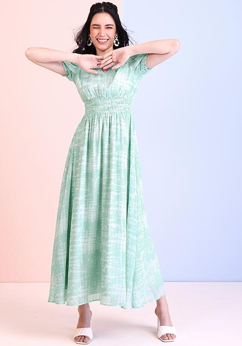 Aqua Tie Dye Ruched Waist Maxi Dress 