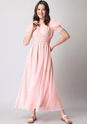 Blush Floral Ruched Waist Maxi Dress 