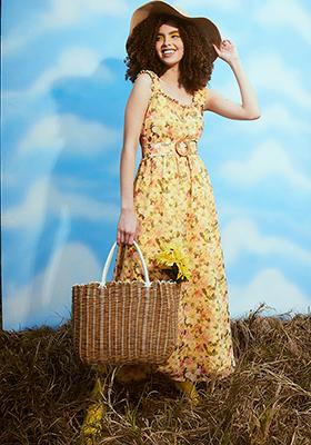 Yellow Floral Strappy Ruched Belted Maxi Dress 