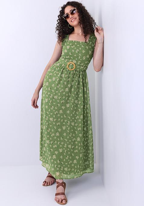 Olive Floral Daisy Strappy Belted Maxi Dress 