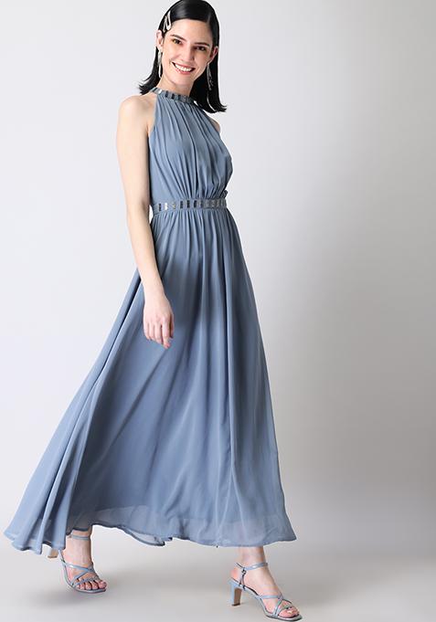 Blue Halter Neck Embellished Maxi Dress 